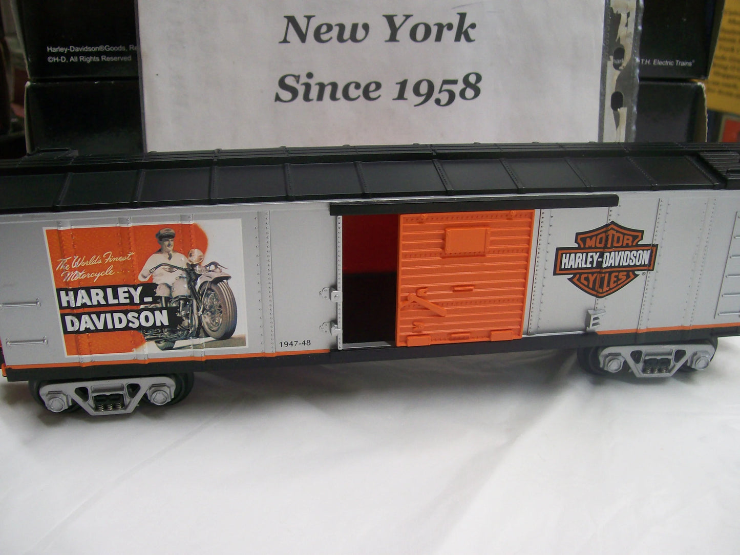 Brand New MTH # 30-4120-A Railking O Gauge ( Harley Davidson Single door Box Car ) Rd # 1947-48