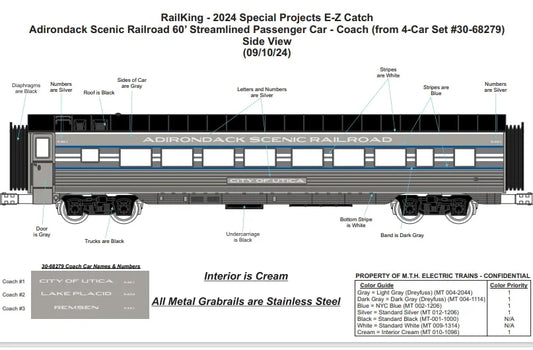 ( ETA Spring/Summer 2025 ) Exclusive Adirondack Scenic Railroad 60’ Streamlined 4 Car Passenger Set Railking MTH