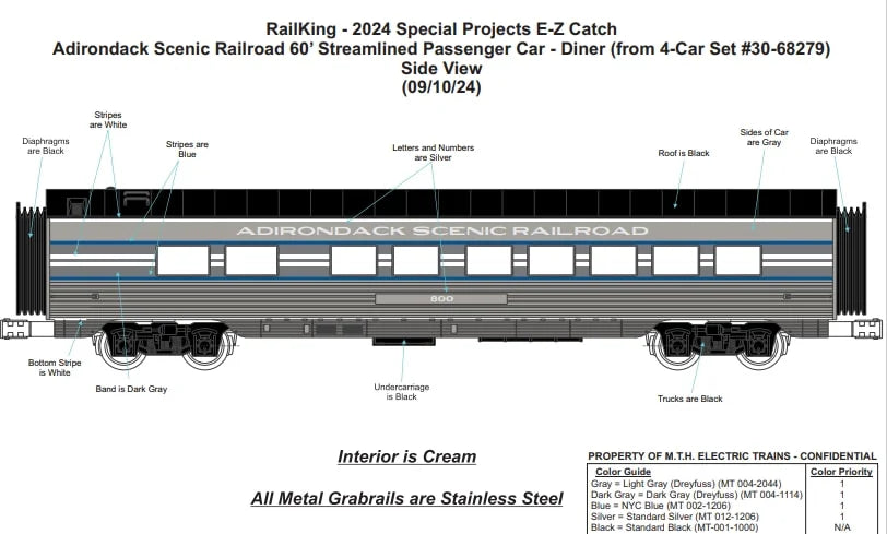 ( ETA Spring/Summer 2025 ) Exclusive Adirondack Scenic Railroad 60’ Streamlined 4 Car Passenger Set Railking MTH