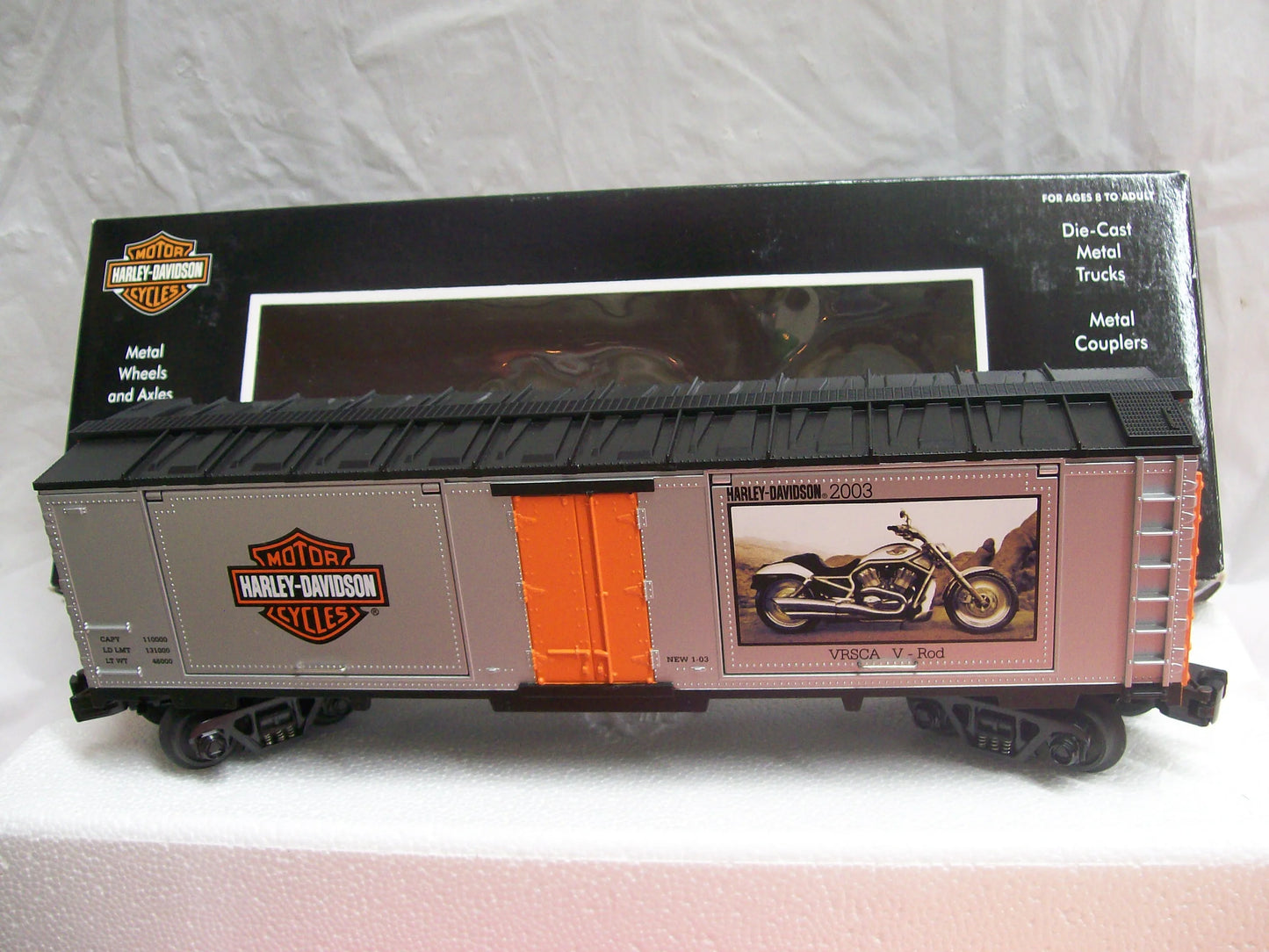 MTH # 30-74199 Railking Window 40' Box Car w/(2) 2003 V Rod - Harley-Davidson Car No. 2003