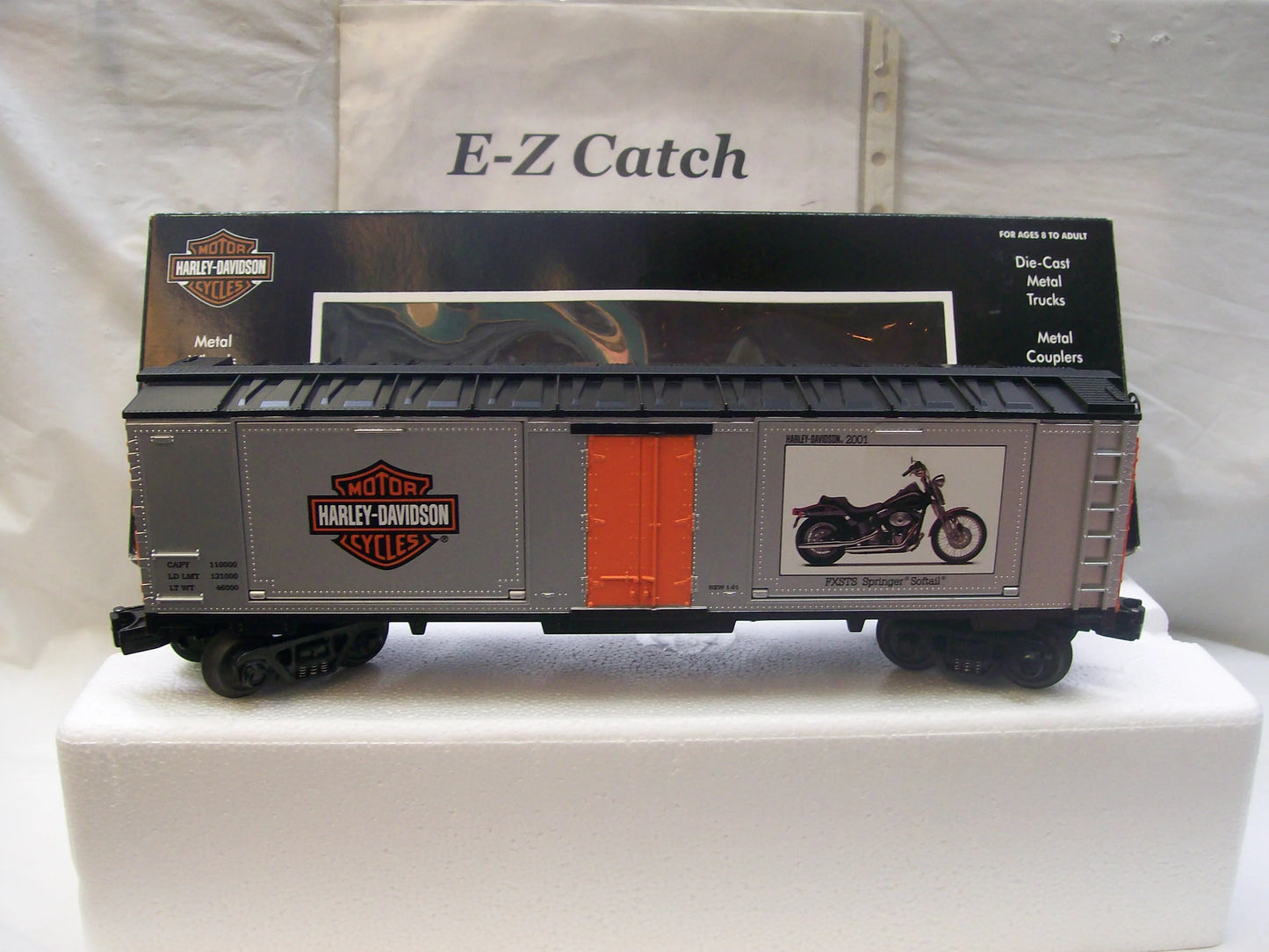 MTH # 30-74294 ( 40' Window Box Car)  with (2) 2001 Springer Softail - Harley-Davidson