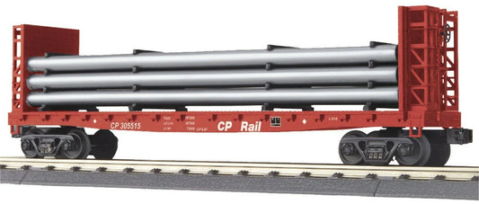 MTH # 30-76589 ( O Gauge ) Railking CP Rail Bulkhead Flatcar w/Pipe Load