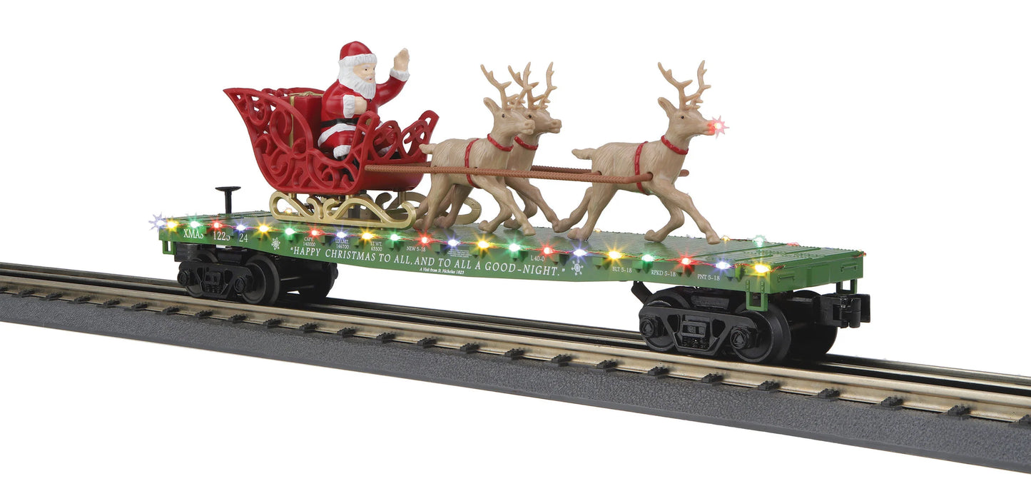 MTH ( Green Version  ) Year 2024 RailKing Flat Car w/LED Lights, Santa Sleigh & Reindeer