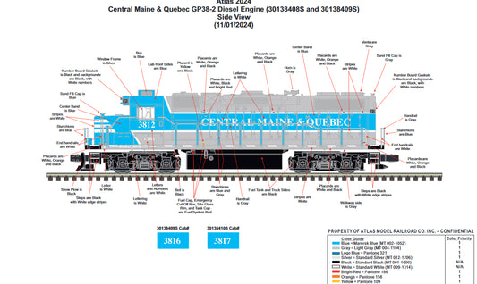 ETA Summer 2025 Limited Run ( E-Z Catch Custom Atlas O GP-38-3 Central Maine & Quebec Cab # 3812 ( 3-Rail )