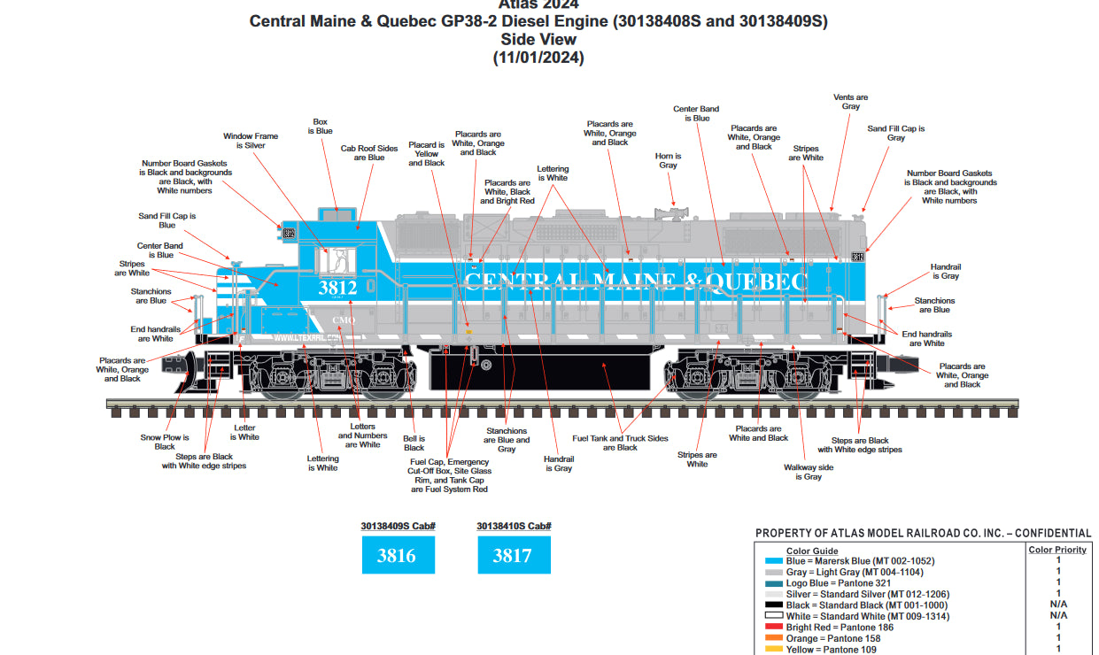 ETA Summer 2025 ( E-Z Catch Custom Atlas O GP-38-3 Central Maine & Quebec Cab # 3816 ( 3-Rail )