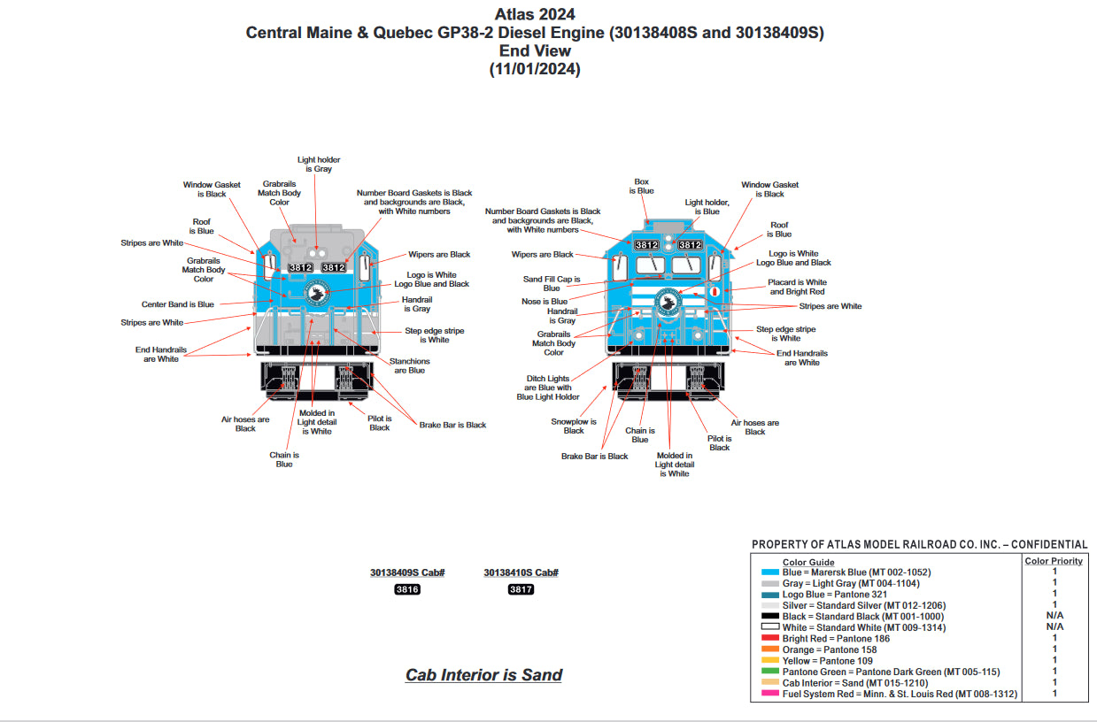 ETA Summer 2025 ( E-Z Catch Custom Atlas O GP-38-3 Central Maine & Quebec Cab # 3816 ( 3-Rail )