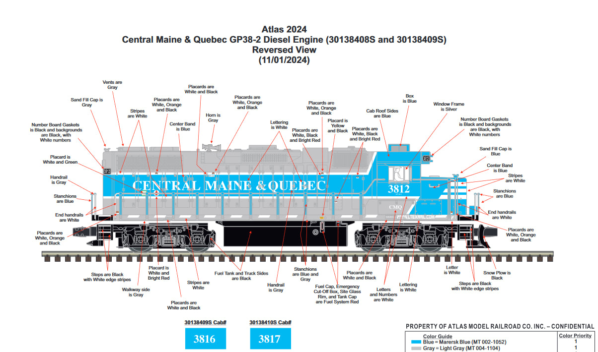 ETA Summer 2025 ( E-Z Catch Custom Atlas O GP-38-3 Central Maine & Quebec Cab # 3817 ( 3-Rail )