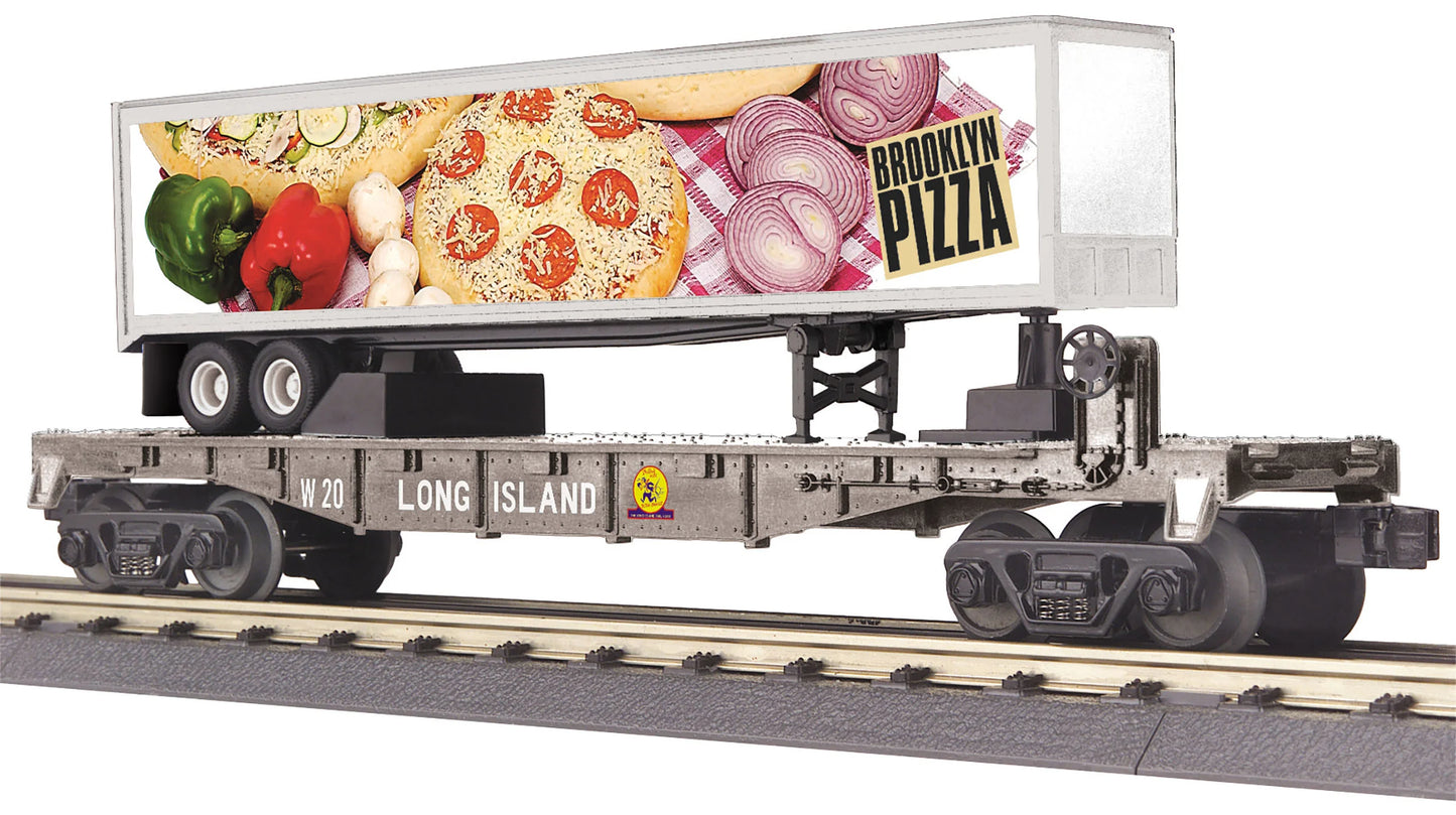 MTH # 30-76814 ( O Gauge ) Railking  Long Island (Brooklyn Pizza) Flat Car w/40' Trailer