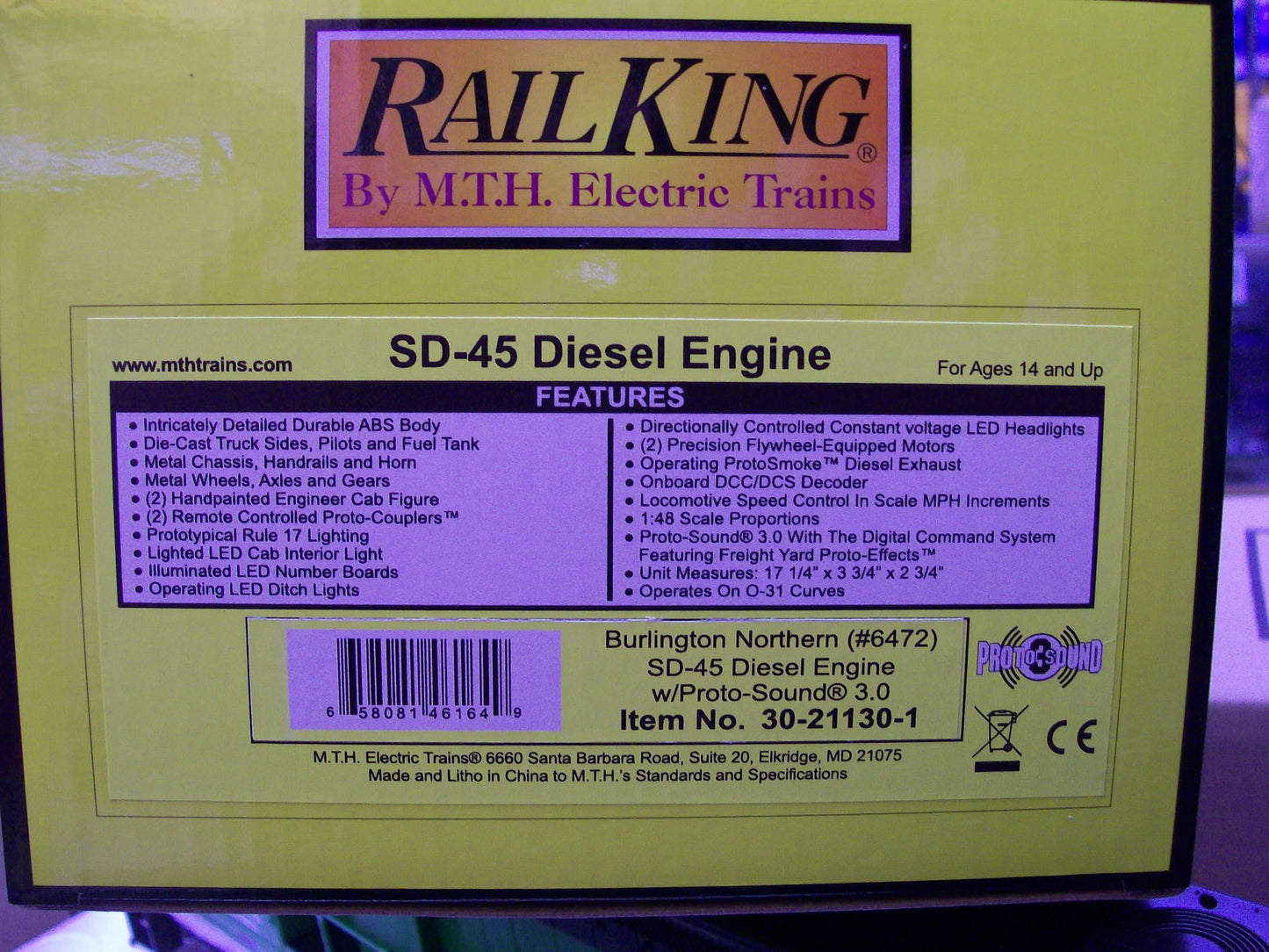 MTH Custom Run Railking Scale Burlington Northern SD-45 Diesel Engine w/Proto-Sound 3.0 Cab # 6472