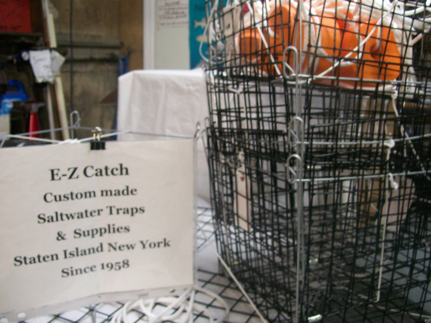 6-Pack E-Z Catch # P-105B-R ( Rigged ) Stak-A-Way Topless Four Door Crab Traps With Rope & Buoy  10.5" x 10.5" x 10.5"