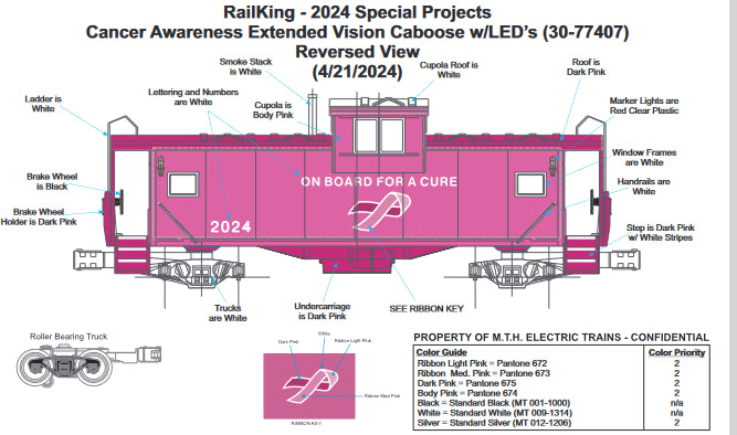 ( Sold Out )  ETA March 2025 ( E-Z Catch Custom Cancer Awareness ) MTH Extended Vision Caboose w/ LED Lights