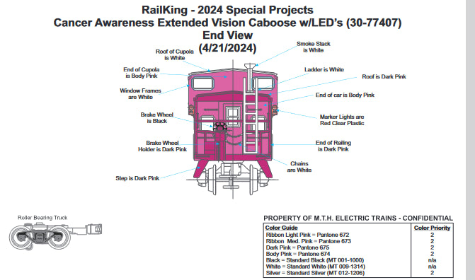 ( Sold Out )  ETA March 2025 ( E-Z Catch Custom Cancer Awareness ) MTH Extended Vision Caboose w/ LED Lights