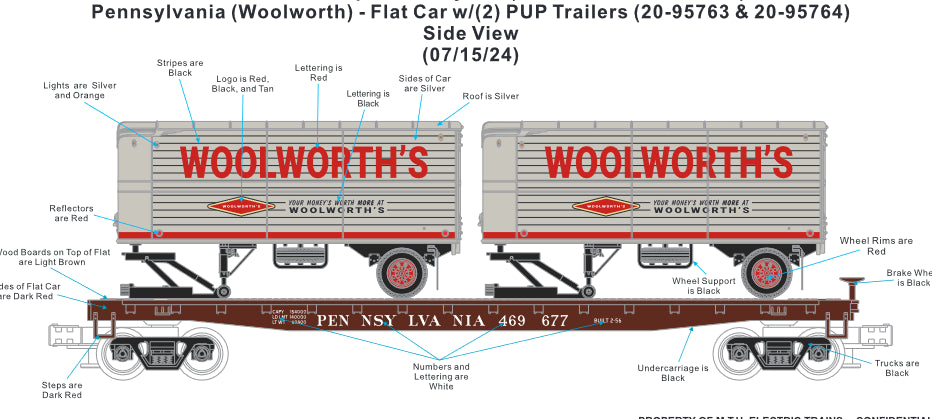 ( SOLD OUT ) ETA Early 2025 MTH Premier ( Woolworth's Pup Trailers on Pennsy Flat Car # 469677