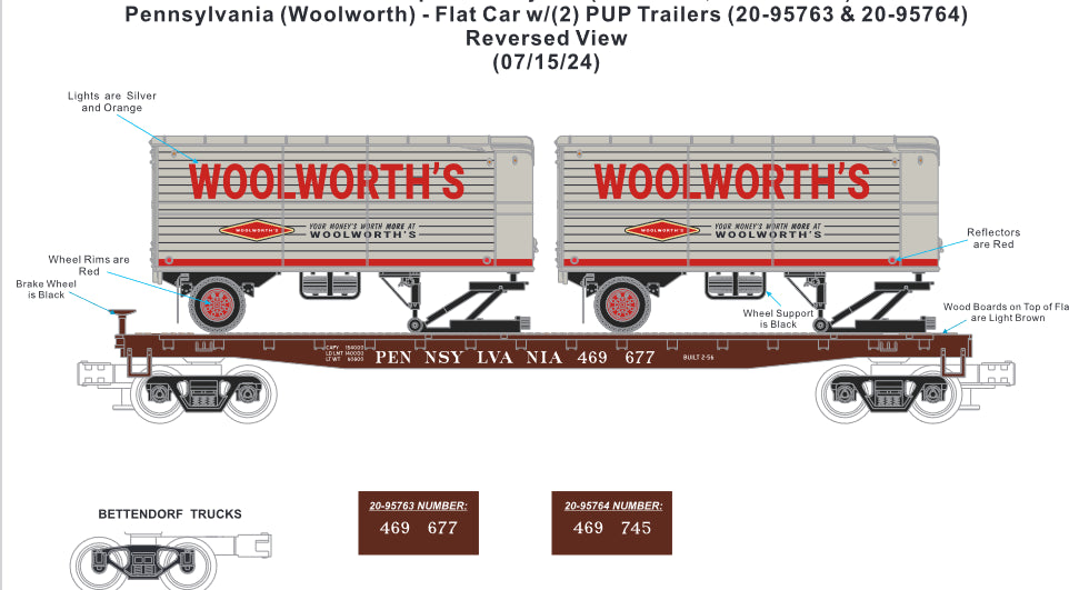 ( SOLD OUT ) ETA Early 2025 MTH Premier ( Woolworth's Pup Trailers on Pennsy Flat Car # 469677