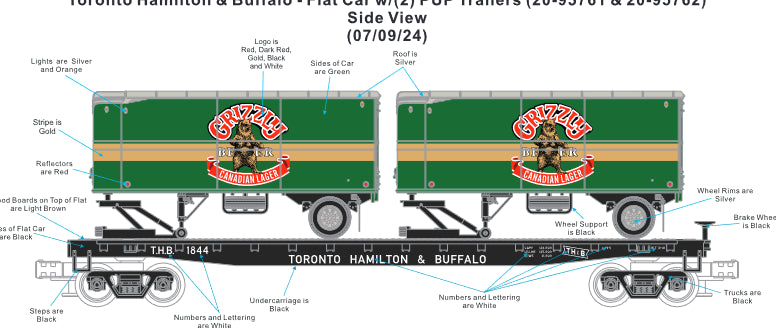 ETA April 2025 Toranto Hamilton & Buffalo Flatcar with Grizzly Beer Pup Trailers # 20-95761 Rd # 1844