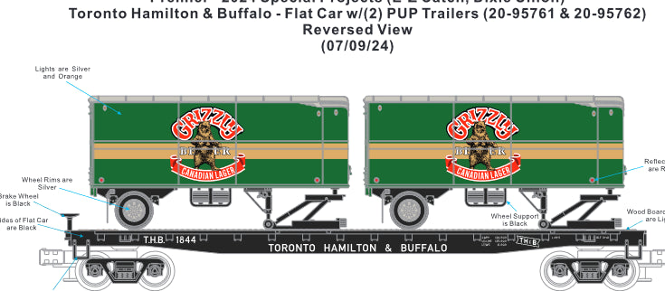 ETA April 2025 Toranto Hamilton & Buffalo Flatcar with Grizzly Beer Pup Trailers # 20-95761 Rd # 1844