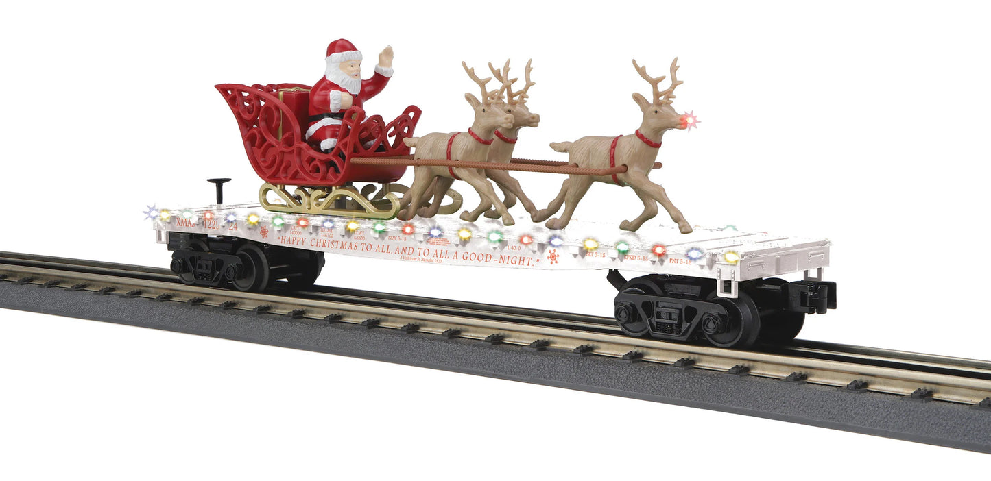 In stock MTH ( White ) Year 2024 RailKing Flat Car w/LED Lights, Santa Sleigh & Reindeer